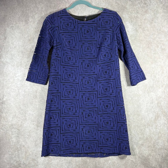 Shoshanna Dresses & Skirts - Shoshanna Dress Womens 2 Blue Geometric Lace Shift 3/4 Sleeve Career Office Mod‎